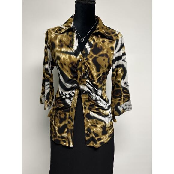 VTG 90s Top Womens Leopard Print Animal Cheetah Medium V-neck 70s Style Collar - Picture 6 of 15